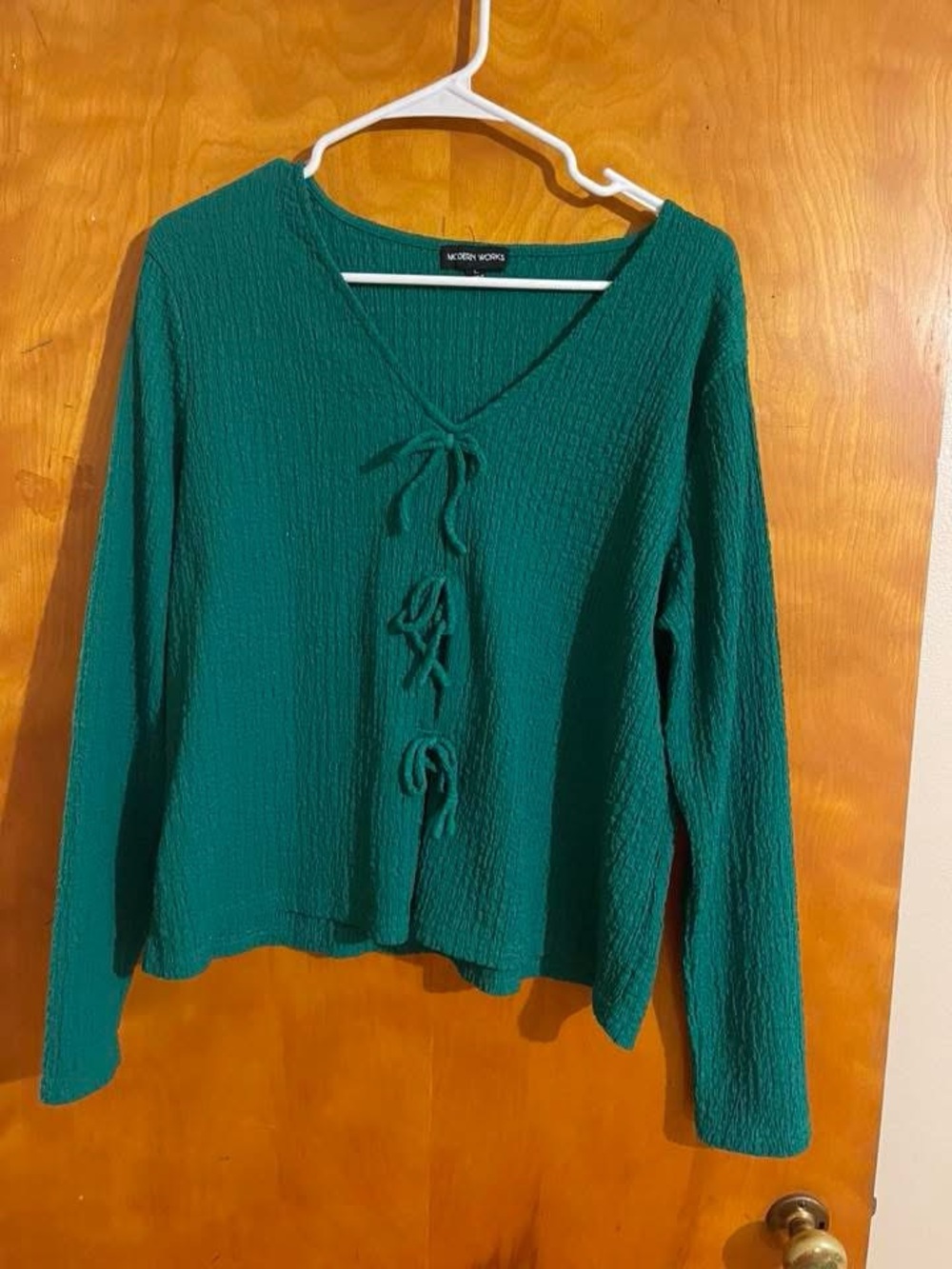 Modern Works Teal Textured Tie-Front Top